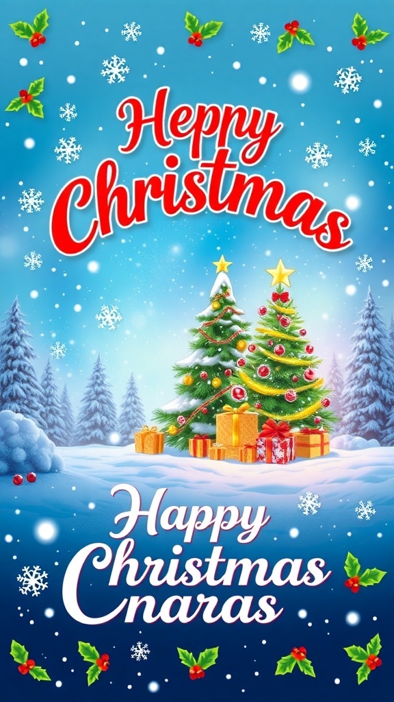 Creative Virtual Christmas Card Ideas A colorful digital Christmas card with a winter scene, Christmas tree, and festive decorations.